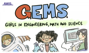 Cartoon picture of the GEMS program, featuring an astronaut, a chemist and someone at a computer.