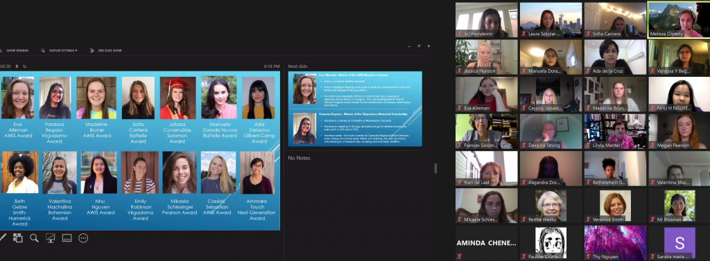 Screen capture from a zoom meeting for the AWIS 2020 scholarship awardees. The awardees can be seen on camera on the right, and slides are shared on the left with information about the awards.